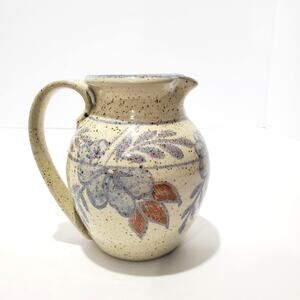 Vtg Studio Pottery Creamer Beige Speckled with Blue Flowers Leaves Signed 4.5"